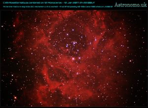 Rosette Nebula C49 centred on 12 Monoceros 2 Jan 2017 21:00-22:00 UT (after GOOD Polar Alignment and a LIVE EQ6 tuning - yes, while working to smooth DEC & it seems to have worked - DEC was steady all then time)