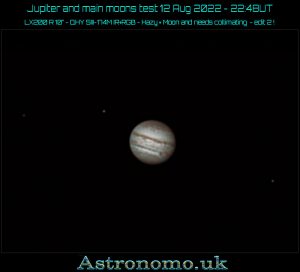 Jupiter and main moons test 12 Aug 2022 - 22:48UTLX200 R 10” - QHY 5III-174M IR+RGB - Hazy + Moon and needs collimating - edit 2 
