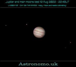 Jupiter and main moons test 12 Aug 2022 - 22:48UTLX200 R 10” - QHY 5III-174M IR+RGB - Hazy + Moon and needs collimating ! The blueish bottom point of light I believe is a star.